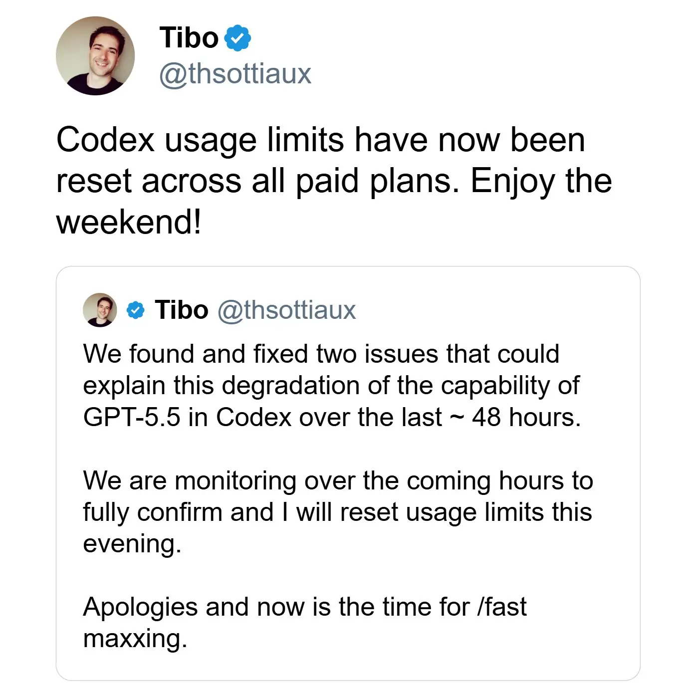 开发者社区对 Codex 付费计划用量重置的反馈截图